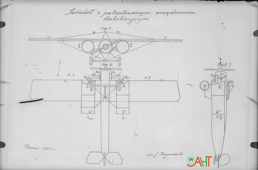 Samolot Wykonawca: H. Cegielski Rok: 1930 r. Nota: Rys. opisy, schematy Opis: Samolot z patentowanym urządzenjiem stabilizacyjnym. Injż. J. Boguszewski